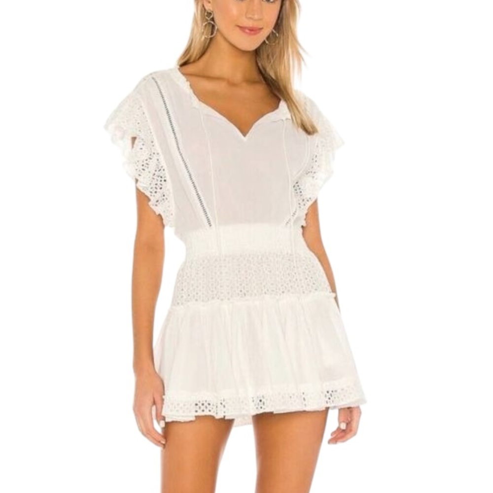 MISA Los Angeles Sarika White Eyelet Tie Neck Ruffle Mini Dress - XS